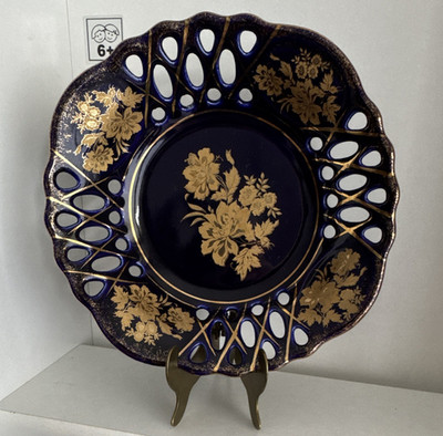 Royal Design Porcelain Porzellan Dekorative Platte blau/gold geblümt rund 24 cm