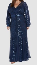 R M Richards Women's Blue Sequined Surplice Gown Dress Plus Sz: 16W