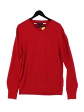 Tommy Hilfiger Men's Jumper XL Red Cotton with Silk V-Neck Pullover