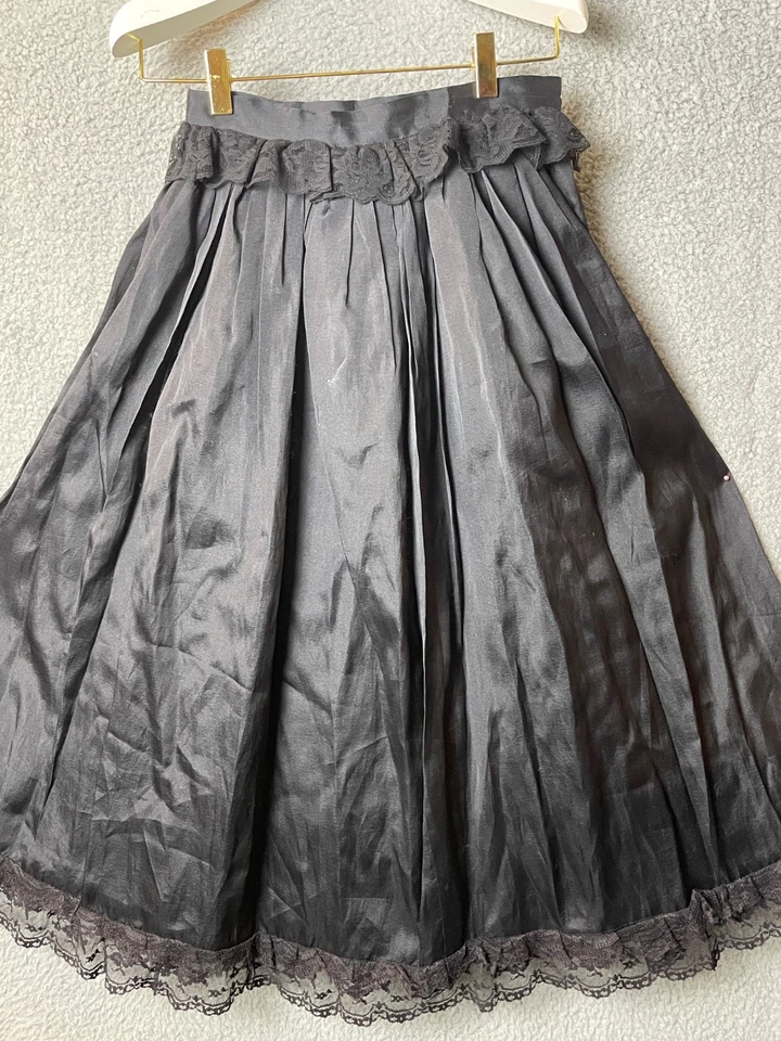 Vintage Black Taffeta Full Skirt Sz S Lace Trim Pleated 1950s Gothic Retro Midi - Image 2 of 4