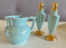 Pantry Parade Turquoise Iridescent Pitcher + Salt & Pepper Shakers Set 1940s–50s