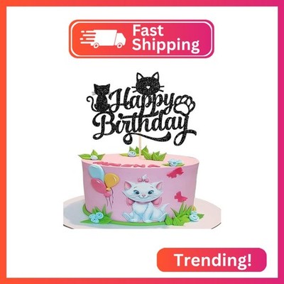 1 Pack Cat Happy Birthday Cake Topper Glitter Black Lovely Cat Cupcake Food Pick