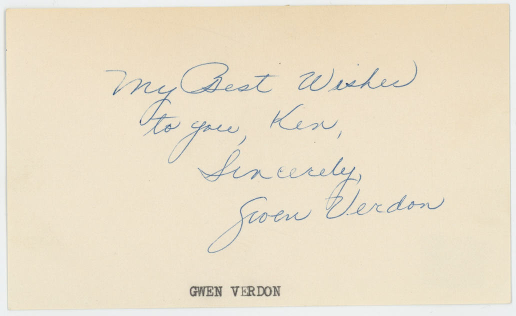 Gwen Verdon Damn Yankees Autographed Signed Index Card AMCo COA 27857