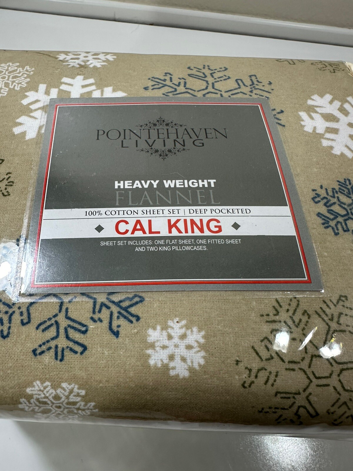 California King Flannel Sheet Set Blue White Snowflake Pattern Deep