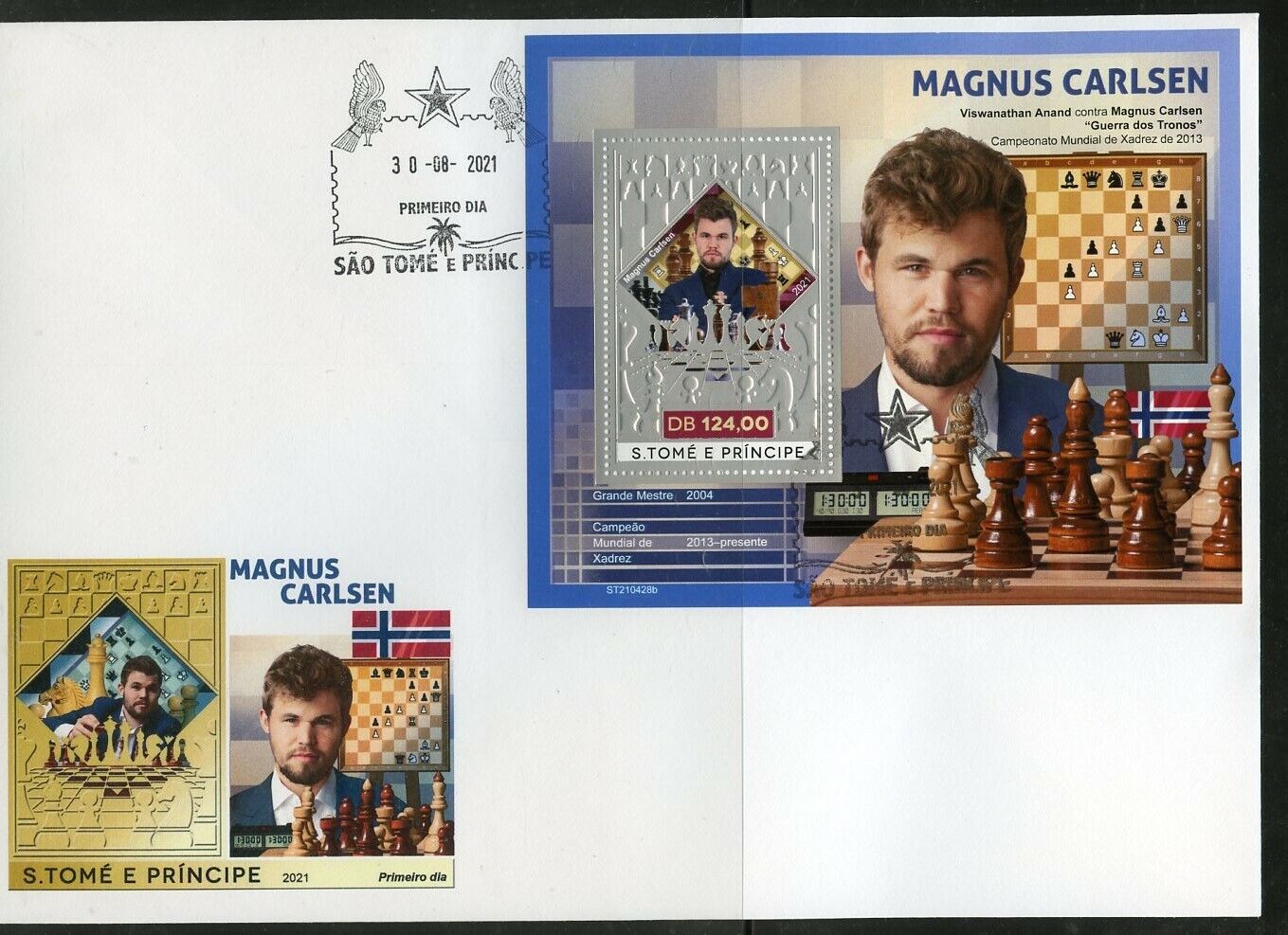 SAO TOME 2021 MAGNUS CARLSEN CHESS MASTER SILVER FOIL S/SHEET FIRST DAY  COVER