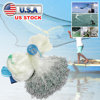 20/24/27/30ft Durable Cast Fishing Net w/ Heavier Steel Chain Sinker ...