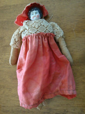 Vtg Antique Doll Porcelain Head Cloth Body 1860 - 1930 Low Brow Black Hair