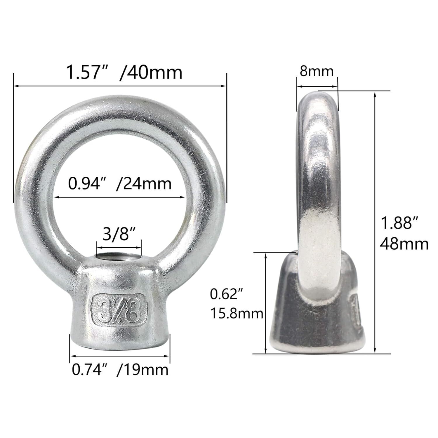 4 Packs 316 Stainless Steel Eye Nuts 3/8\" UNC Female Thread Fasteners