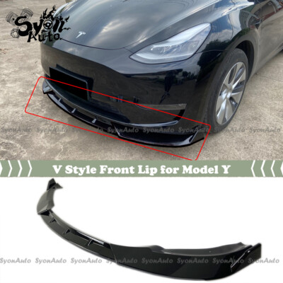 FITS 2020+ TESLA MODEL Y GLOSS BLACK 3 PCS V STYLE FRONT BUMPER LIP SPLITTER KIT