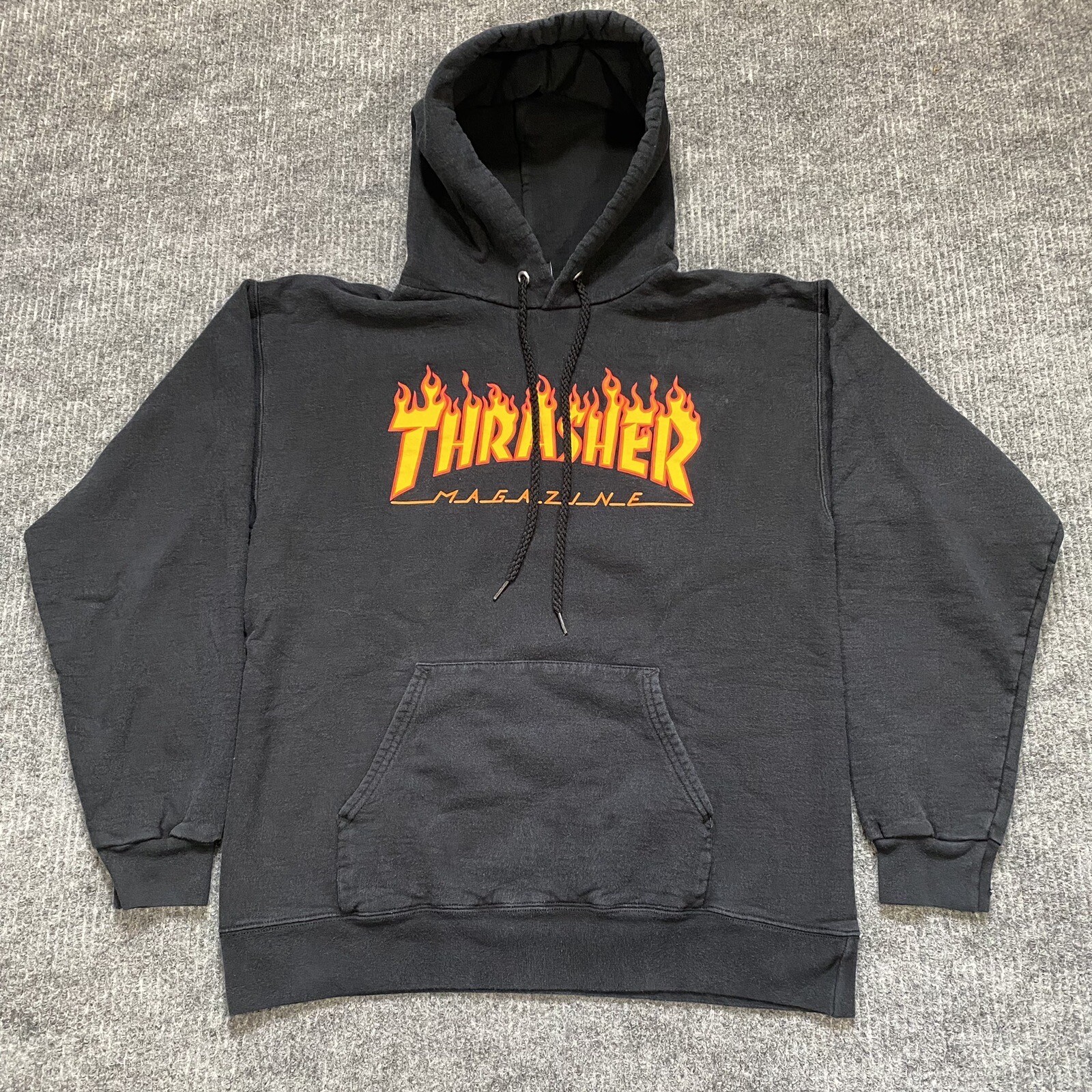 VTG Y2K Thrasher San Francisco Black Spellout Skate Hoody Sweatshirt Size Small