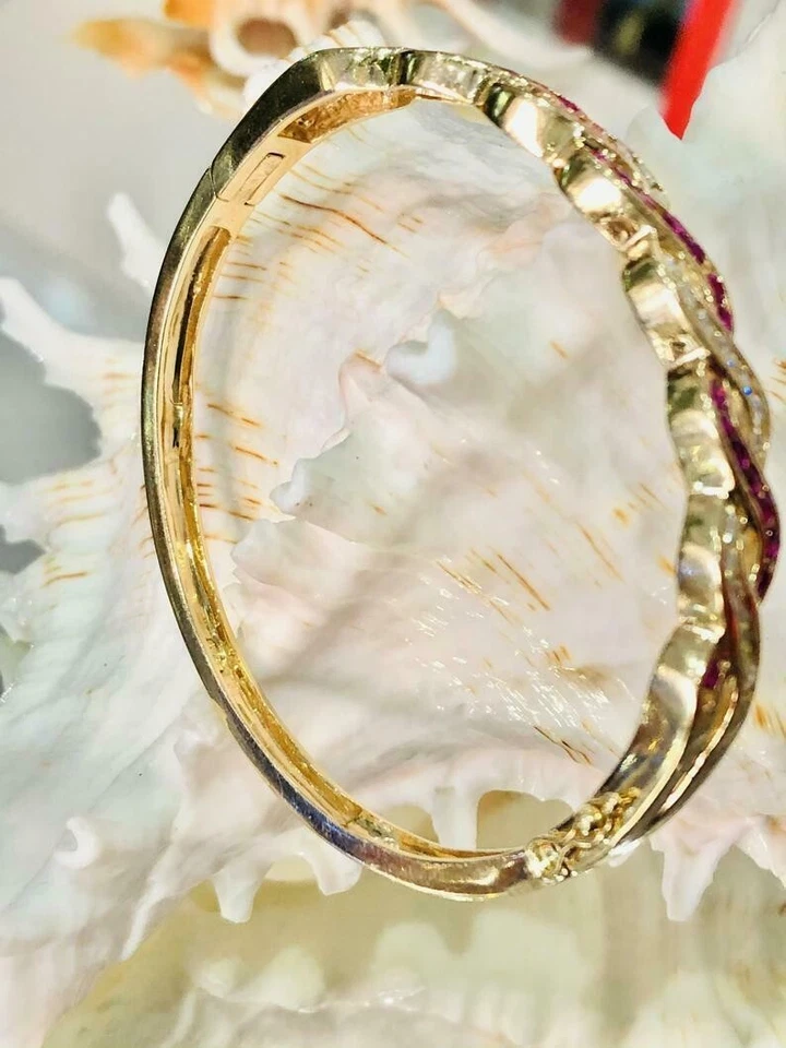 Brazalete Brazalete Chapado en Oro Amarillo 14k 4Ct Redondo Rubí Simulado Regalo Navidad Foto 3 de 4