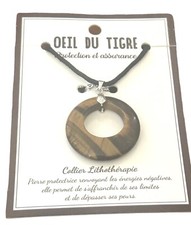 Fashion Necklace - Circle Pendant- Tiger's Eye- brown- black cord chain