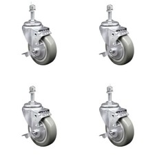 4 Inch SS Gray Polyurethane Wheel Swivel 3/8 Inch Threaded Stem Caster Set Brake