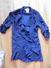 Carolina Williamson dark blue w rust dots ruffle wrap-like dress w/belt