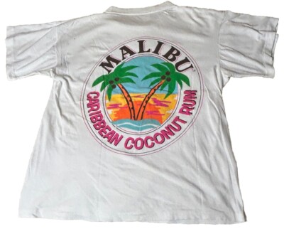 Vintage Malibu Caribbean Coconut Rum STAINED Adult White T Shirt M/L