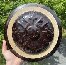 LARGE Antique 19th C. Salt Glaze Stoneware Crock Lid Pottery Primitive