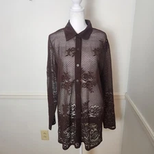 Vtg Y2K NY & Co Shirt Sz Large Womens Tunic Top Sheer Brown Mesh Lace WhimsiGoth