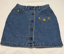Jordache girls Blue Denim A-Line Skirt Button Front Floral Embroidered M