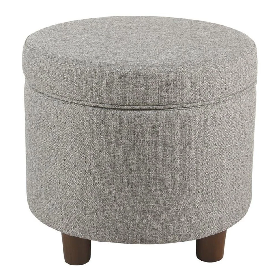 HomePop Round Transitional Wood and Fabric Storage Ottoman in Light Gray - Image 2 of 4
