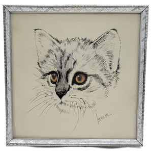 STAPCO NY Leslie Yellow Eyed Cat 5" x 5" Silver Framed Lithograph