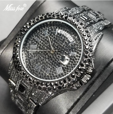 Luxury Black Hip Hop Ice out Men Watch Icy King Bling Iced Waterproof Cz Diamond