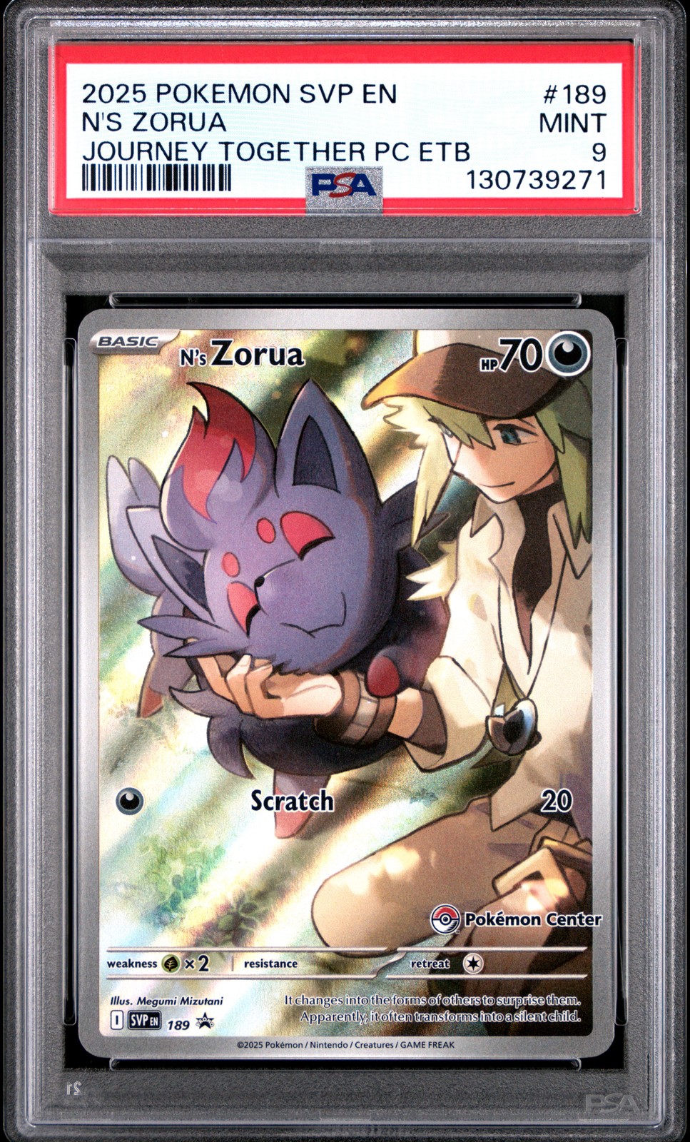 2025 POKEMON JOURNEY TOGETHER POKEMON CENTER ETB PROMO SVP #189 N'S ZORUA PSA 9
