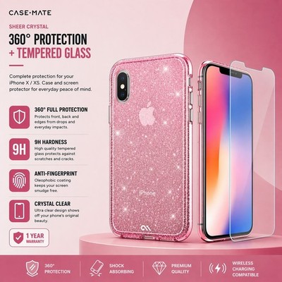 CASE-MATE (iPhone X/XS) Sheer Pink Hülle + Hartglas Displayschutz Cover