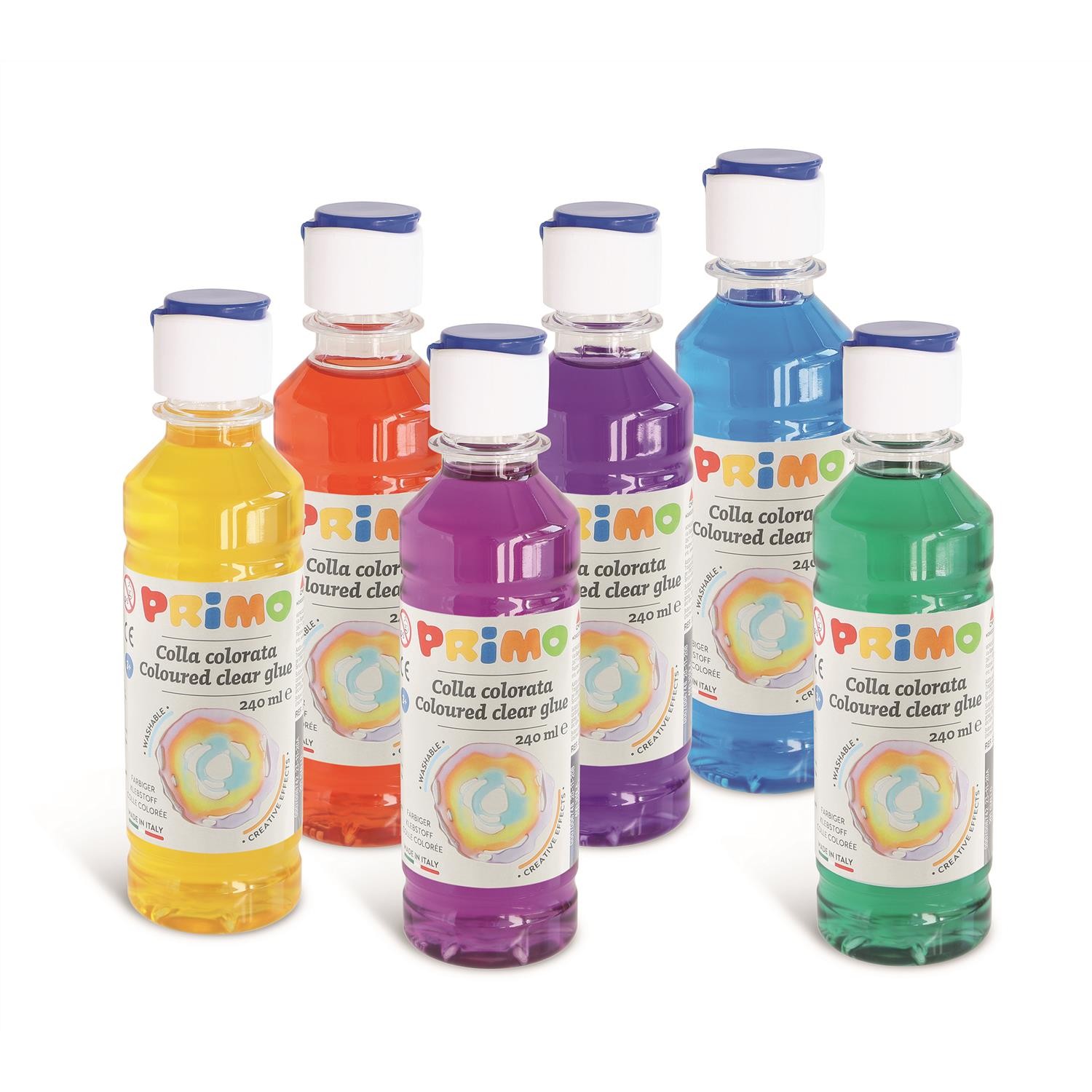 Colle colorée lavable Primo avec bouchon doseur pour collage propre
