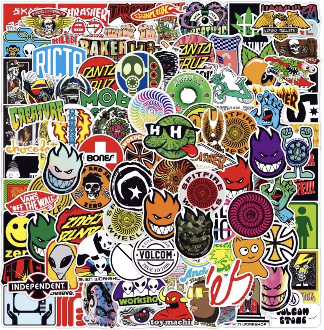 Skate Logo Brand Stickers 50pk Mix Santa Cruz Thrasher Baker Alien