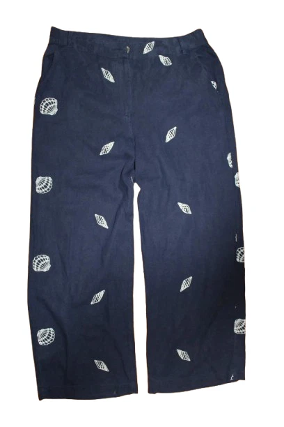 KHOST Linen Blend Embroidered Capri Pants Navy Blue Shell Print Size M 10 8