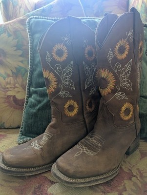 Potrero Leather Sunflower Embroidered Western Cowboy Boots Women's Size 6.5