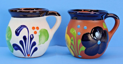 Mexican Jarrito Handmade/Painted Artisan Talavara 12 oz.Clay Mugs Lot/2