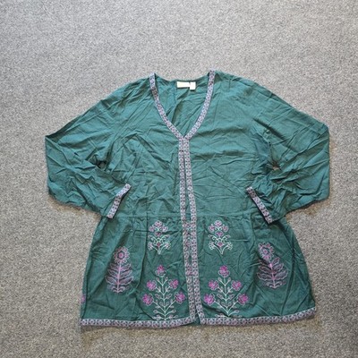 Logo Lori Goldstein Top Womens Size Medium Green Floral Embroidery Boho Open