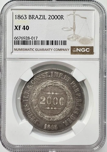 1863 Brazil Empire 2000 Reis NGC XF40 Silver COIN CROWN KM# 466