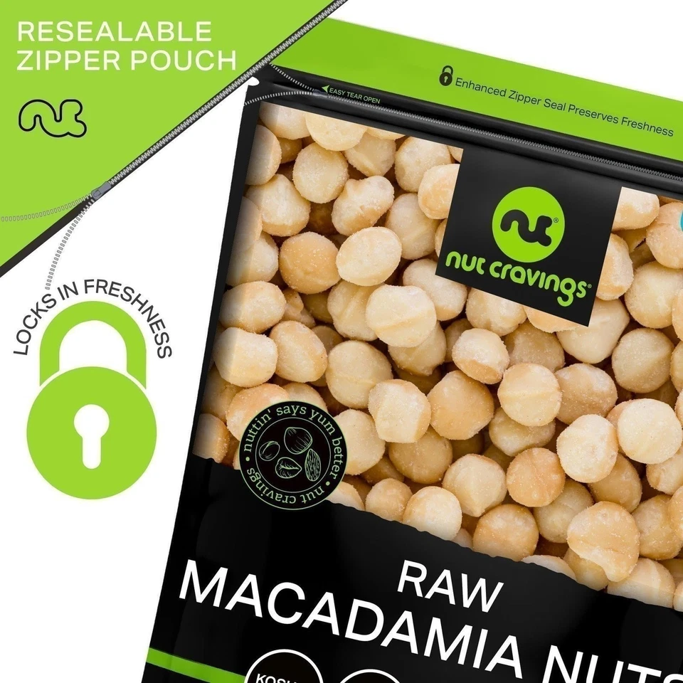 Nueces Antojos de Nueces Nueces de Macadamia | Snack Fresco Crudo Bolsa Resellable Kosher y Saludable Foto 4 de 4