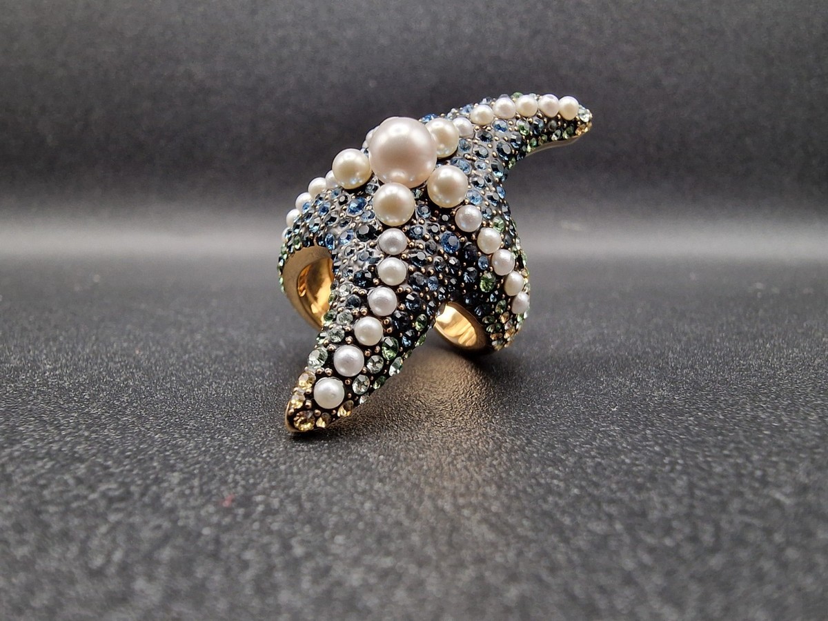 MARS スカルダイヤリング(^-^) Swarovski Idyllia Ring Coctail Crystal Pearls Starfish