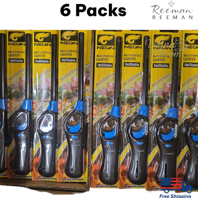 Neon Multi-purpose Refillable Lighters Fire place Grill Gas Stove BBQ (6 Packs)