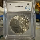 1922 Peace Silver Dollar MS63 ICG 90% Silver Coin- Slabbed Nice Grade Coin