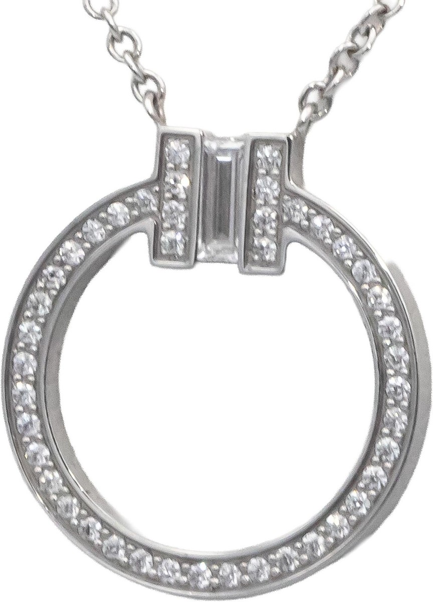 TIFFANY 18k White Gold Diamond T Circle Pendant Necklace