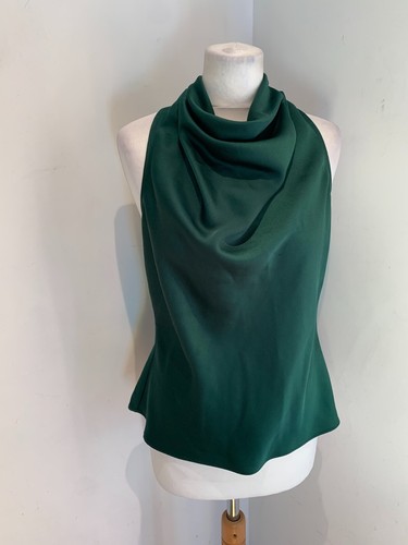 REISS Cowl neck Blouse top 12 VGC Sleeveless dark green tie neck lace back