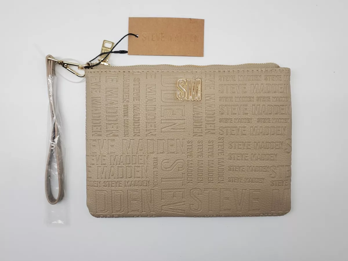 STEVE MADDEN Taupe Logo Embossed Wristlet Pouch with Handle 10