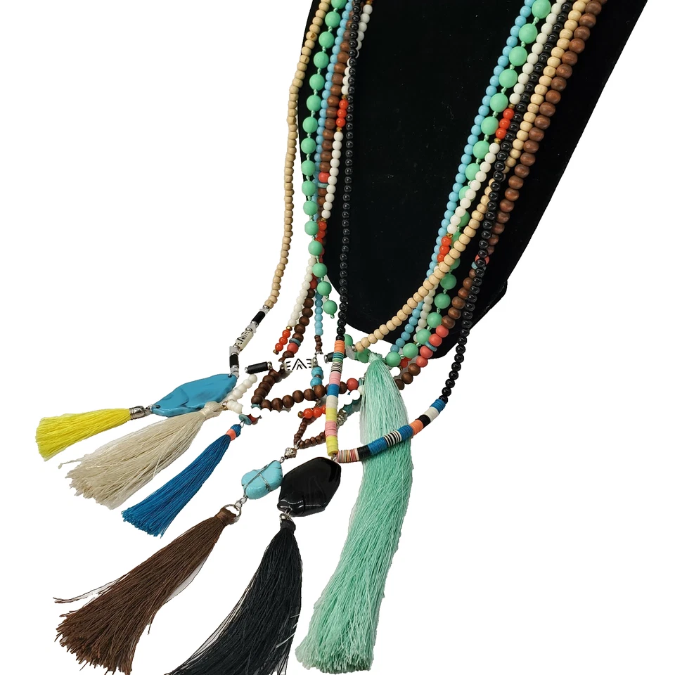 6 Beaded Tassel Necklaces - Wood & Faux Turquoise & Bone & Shell Multicolor Long - Image 2 of 4