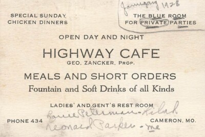 Cameron Missouri~Highway Cafe-Geo Zancker-Phone 434-1926 Business Card 16B
