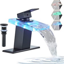 LED Black Waterfall Bathroom Sink Faucet Single Handle 1Hole Basin Mixer w/Drain