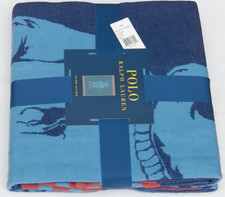 POLO Ralph Lauren NEWBURY Blue LOGO BEAR COTTON Throw Blanket NEW AUTHENTIC