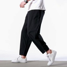 Men Harem Pants Wide Leg Trousers Linen Plain Loose Drawstring Waist Casual New