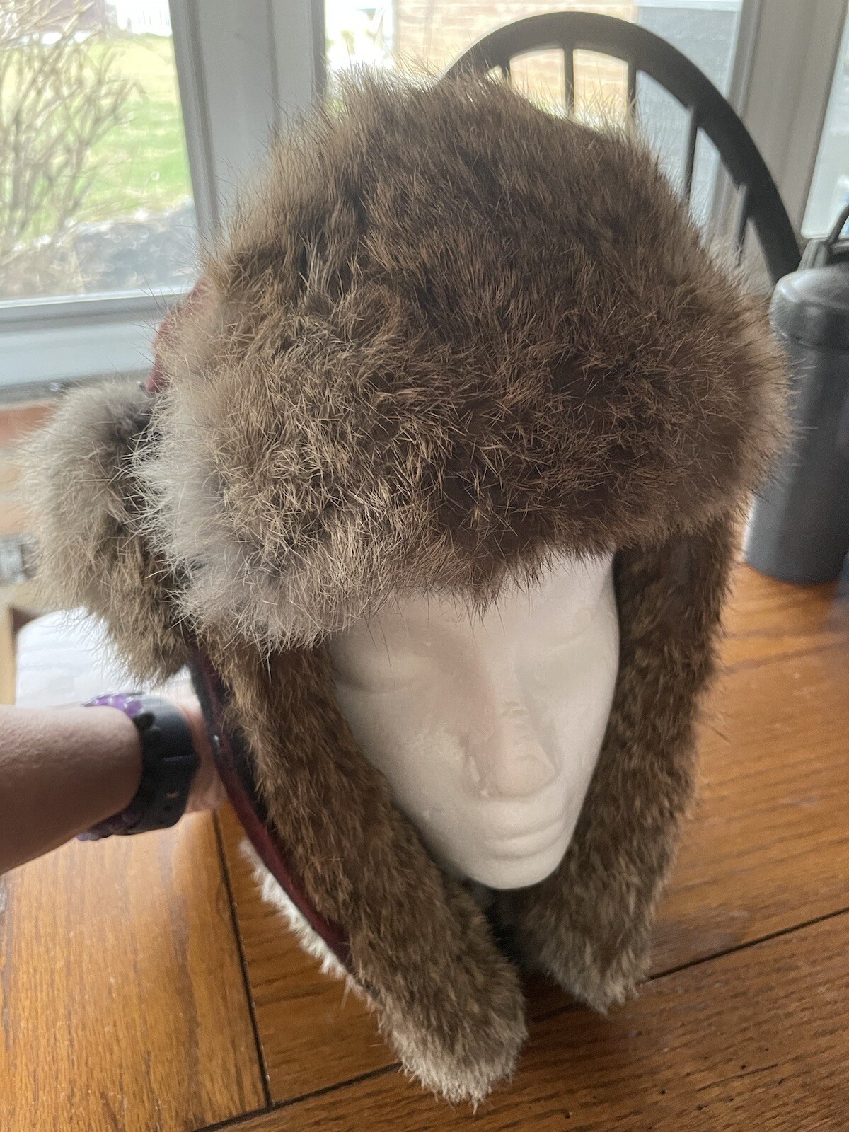 Mad Bomber Trapper Hat Real Rabbit Fur Black & Red Buffalo Plaid Wool