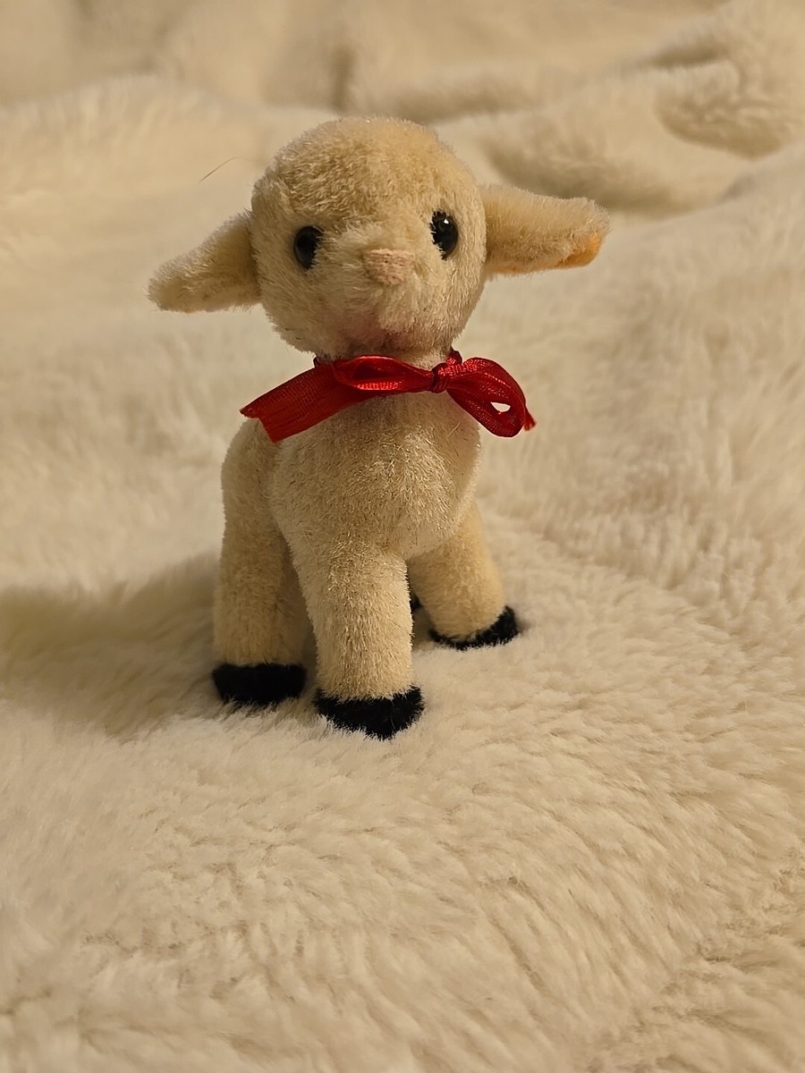 Vintage 1980's Real Wool Lamb Sheep Ornament 4.5” Red Bow Fast