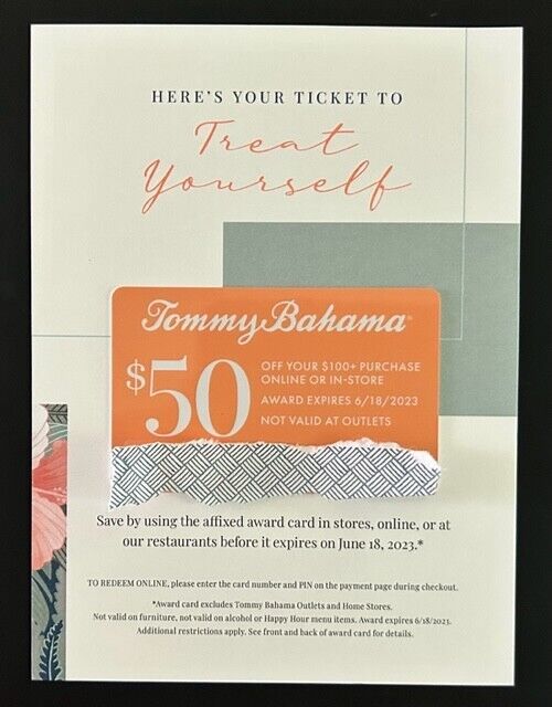 Tommy Bahama Gift Card $50 off $100 Exp 6/18/23 In store Online Restaurants