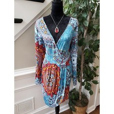 Poseshe Wrap Dress Womens XL Multi Mandala Print Polyester Long Sleeve V Neck